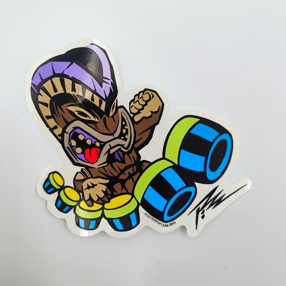 The PIZZ PosterPop Tiki Bongo Drummer Decal Sticker Lowbrow Surf Art VTG 2003